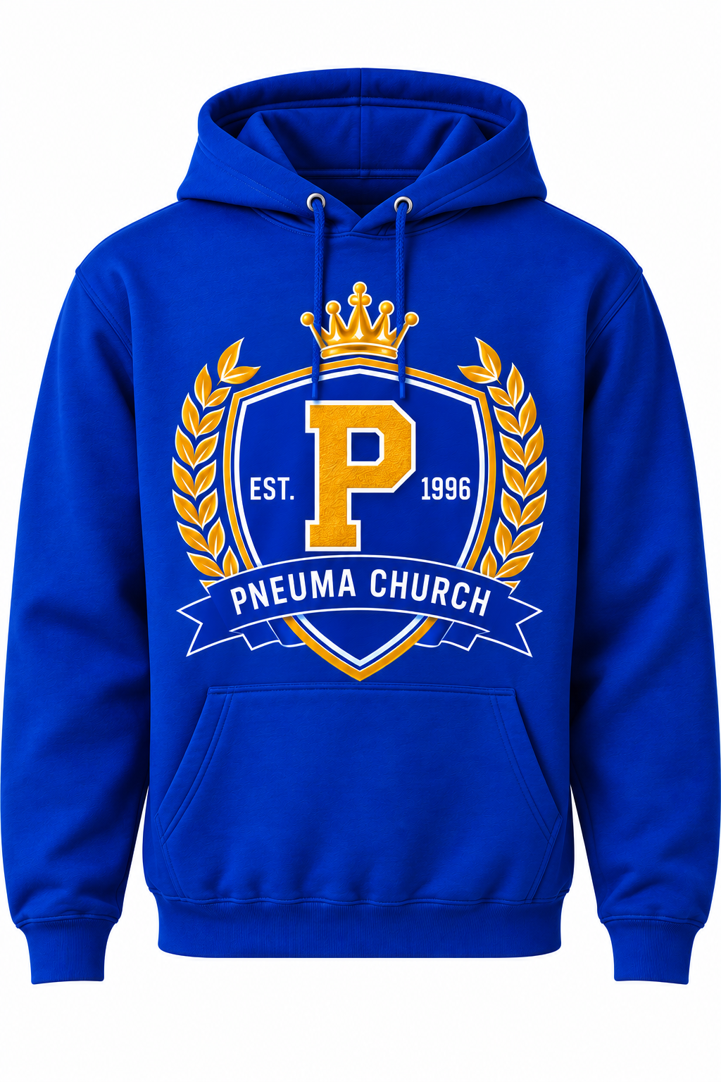 Royal blue PNEUMA Church crest hoodie