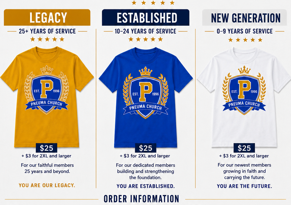 30th Anniversary PNEUMA shirt order form showing Legacy, Established, and New Generation designs